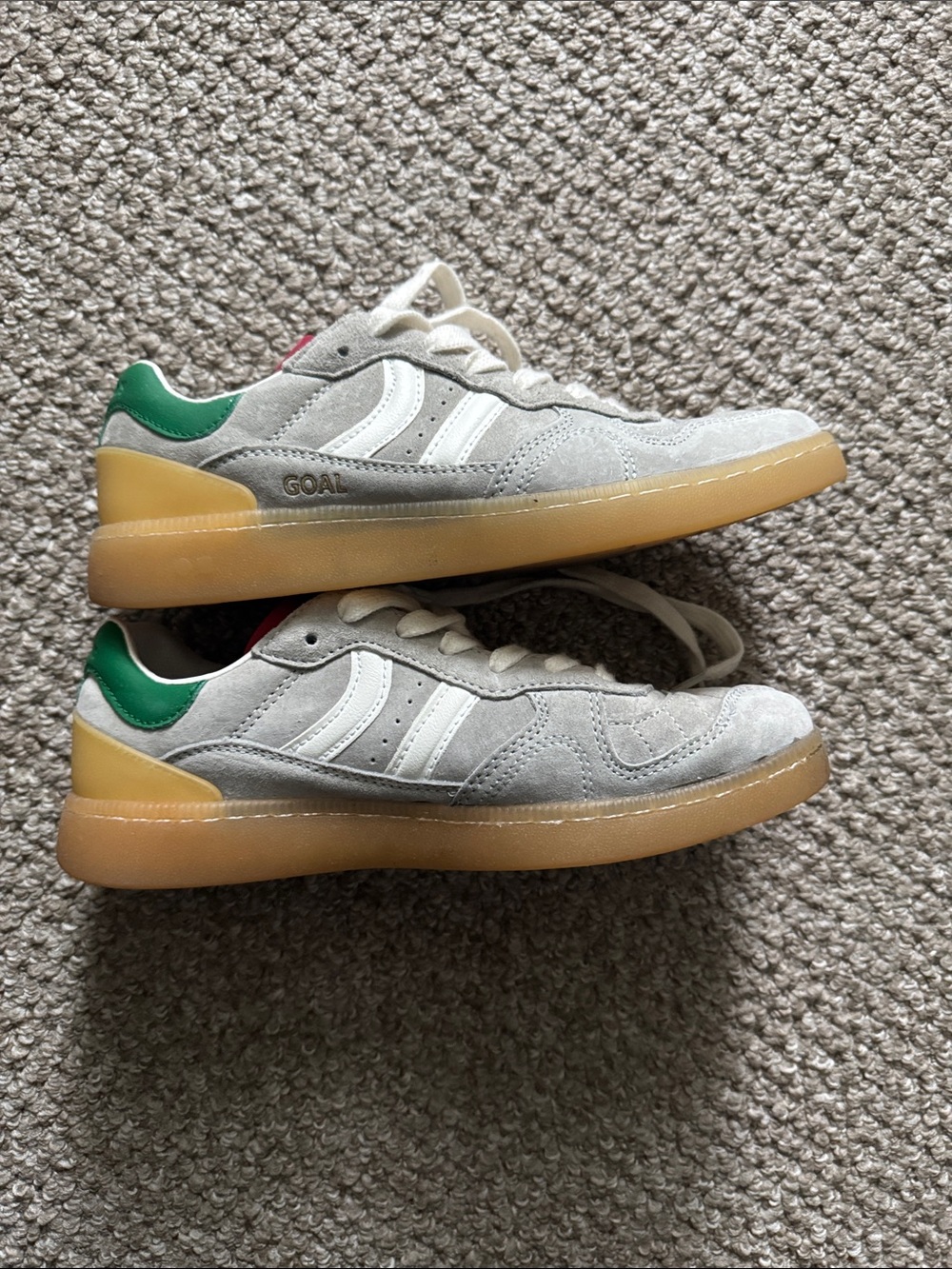 Coolway Goal sneakers Grey Suede with Red and Green Accents EUC